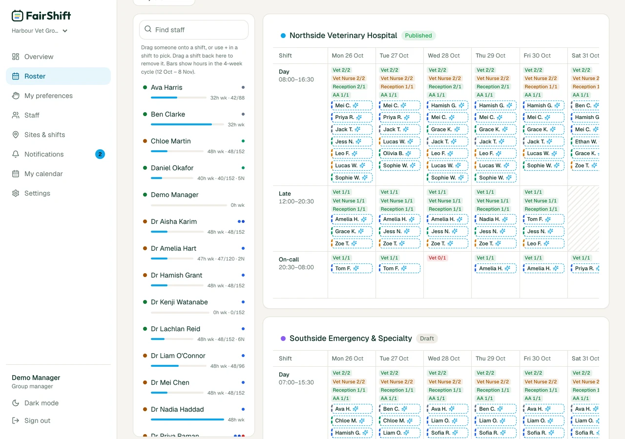 FairShift roster board for Northside Veterinary Hospital with proposed shifts outlined