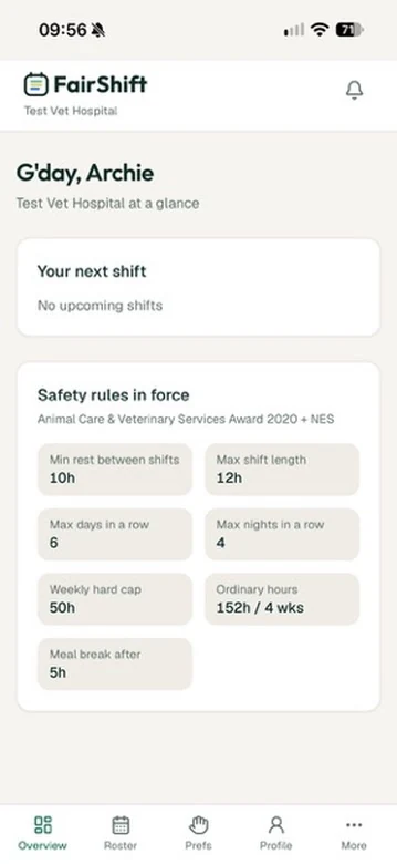 FairShift on an iPhone showing a staff overview with the next shift and safety rules in force