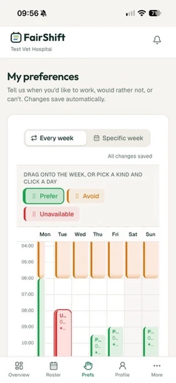 FairShift on an iPhone showing a weekly preference grid with prefer, avoid and unavailable blocks
