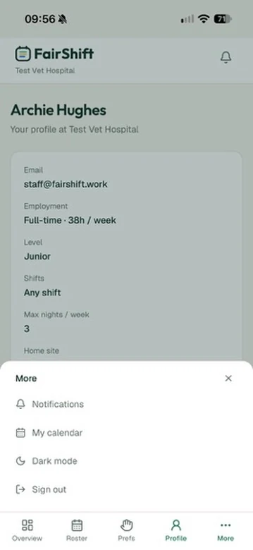 FairShift on an iPhone showing a test staff profile with the More menu open