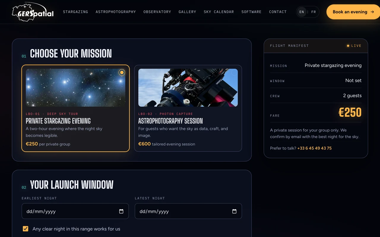 Gers Astronomie booking form with mission choice, launch window dates and a live flight manifest summary