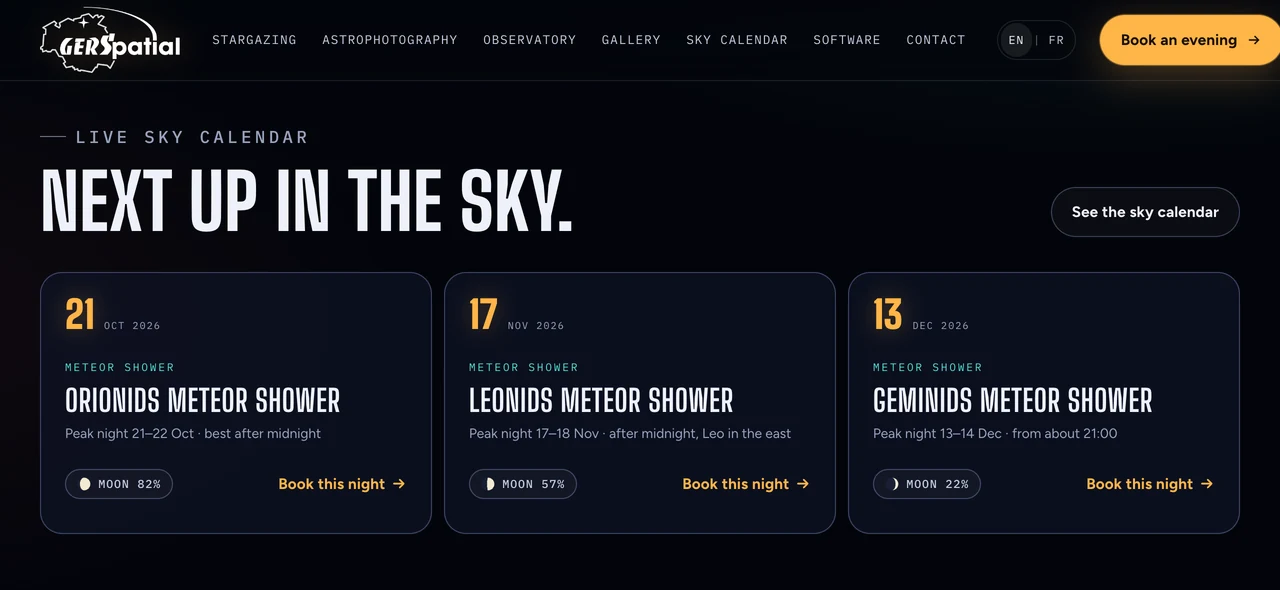Gers Astronomie sky calendar cards for the Orionids, Leonids and Geminids meteor showers
