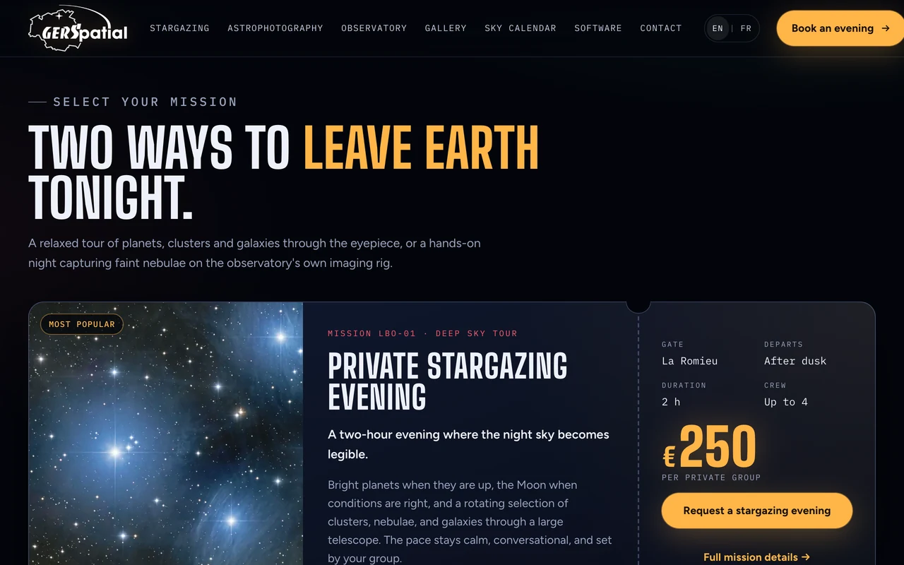 Gers Astronomie mission ticket for a private stargazing evening at 250 euros per group