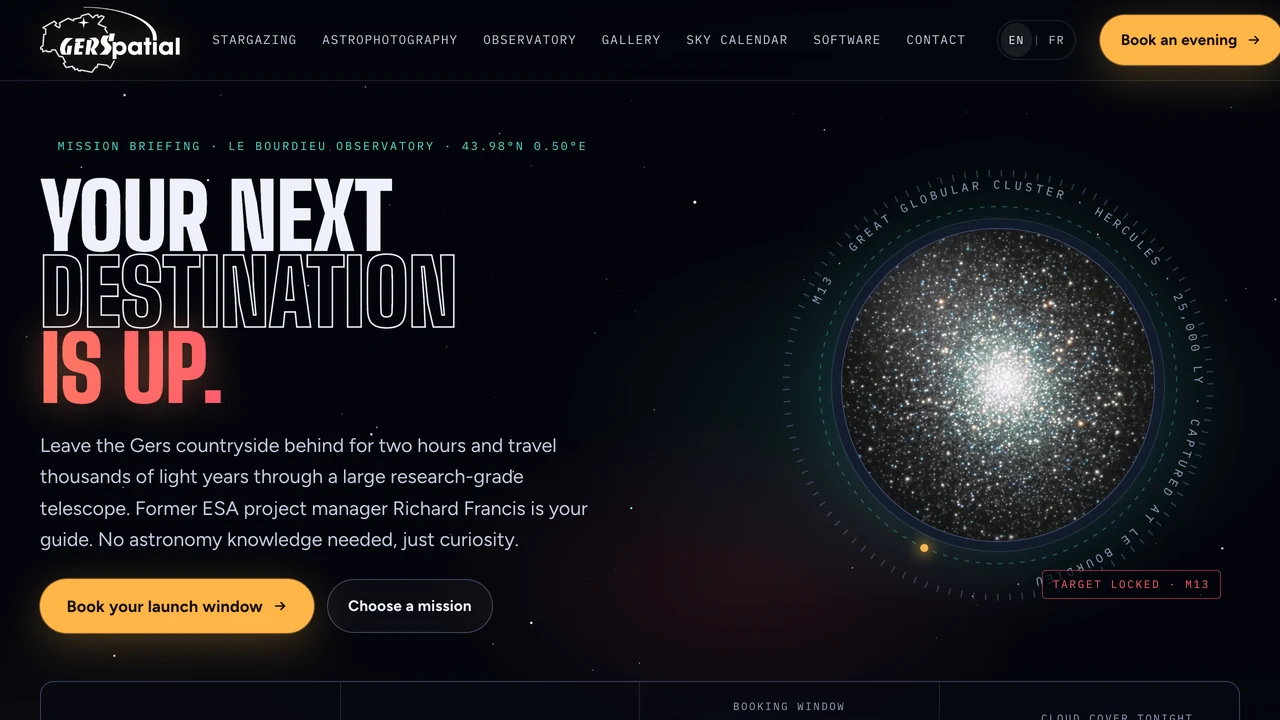 Gers Astronomie homepage with the headline Your next destination is up beside an M13 star cluster