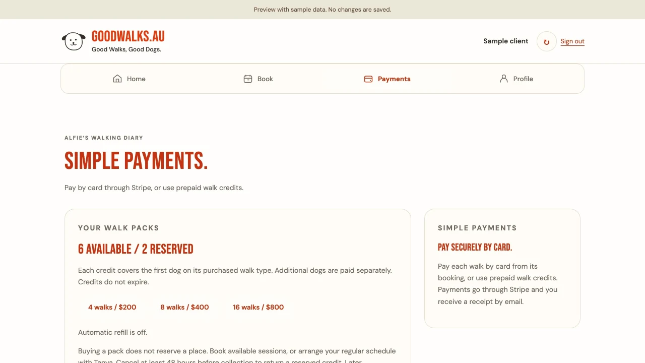 Good Walks sample client payments view showing synthetic available and reserved walk credits