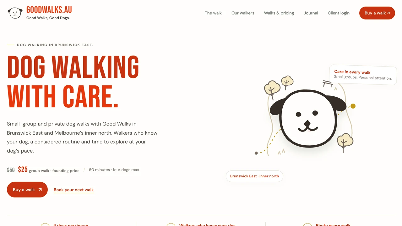 Good Walks public website with its dog illustration and Dog walking with care headline