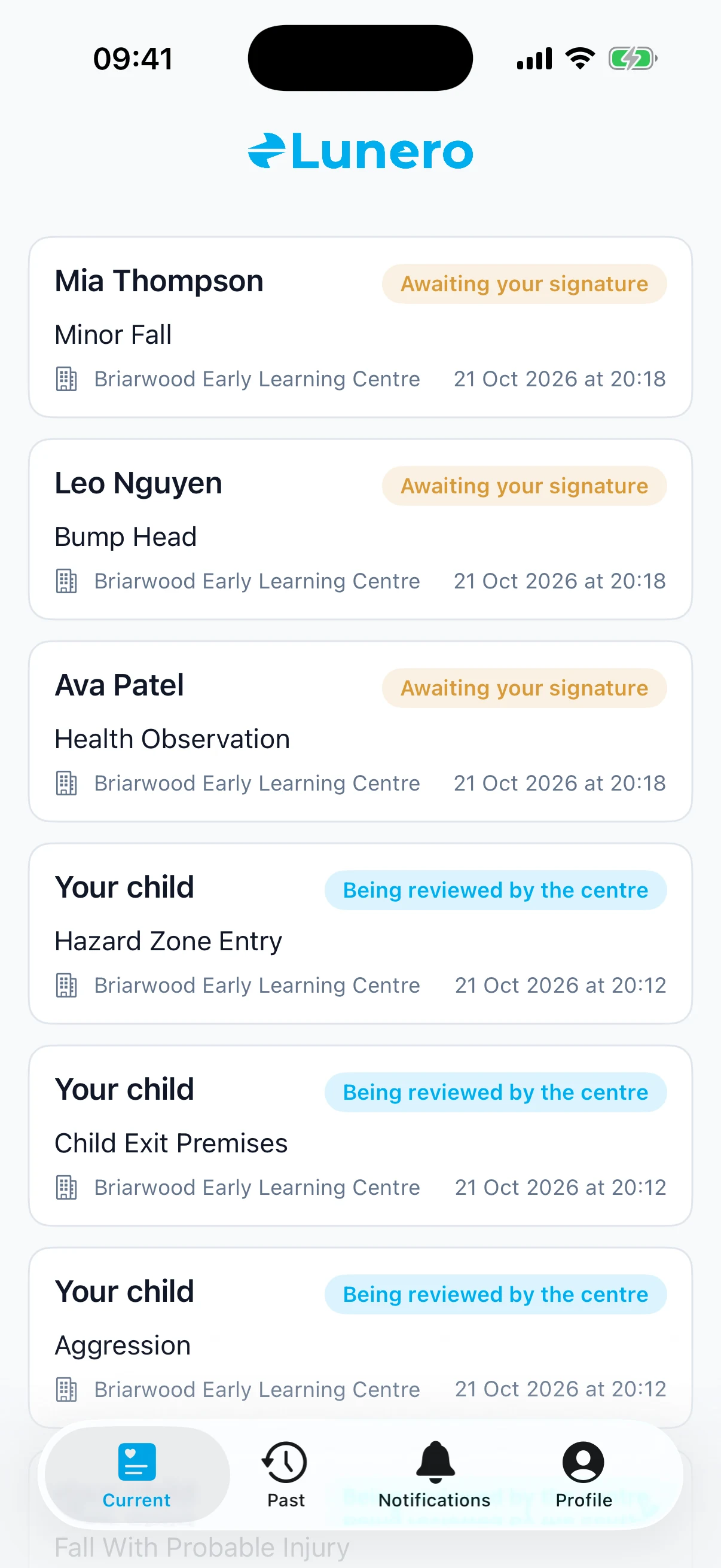 Lunero parent iPhone app listing synthetic records awaiting a parent signature