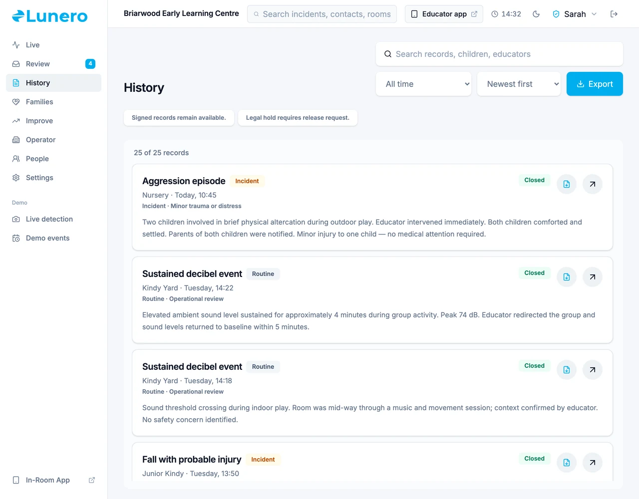 Lunero staged incident records interface