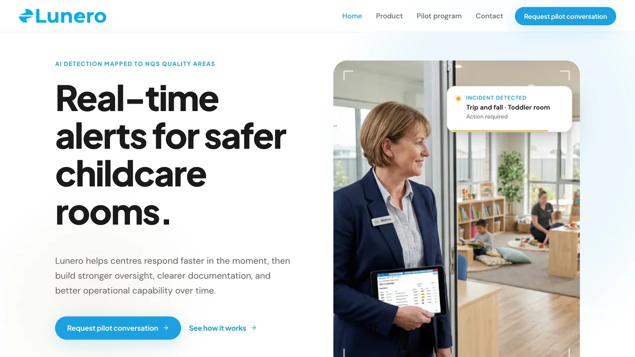 Lunero website introducing real-time alerts for safer childcare rooms